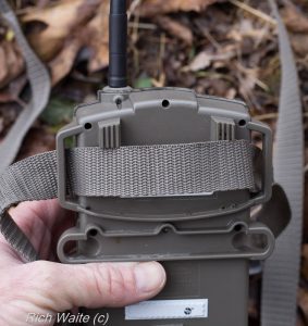 A picture of the Moultrie wireless modem, showing the nylon strap.